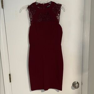 Express Sleeveless Lace Yoke Sheath Dress in Burgundy